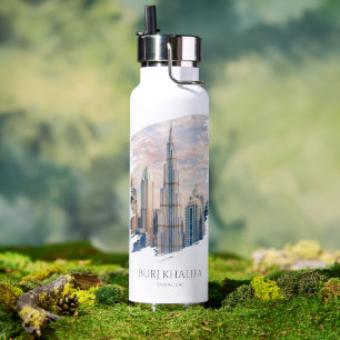 Dubai Burj Khalifa Luxury City Skyline Watercolor Water Bottle