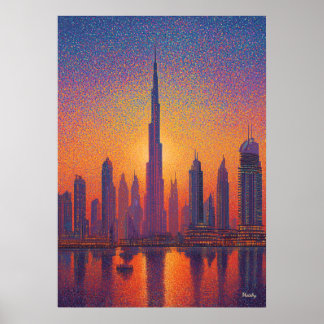 Dubai Burj Khalifa Pointillism Skyline Sunset Poster