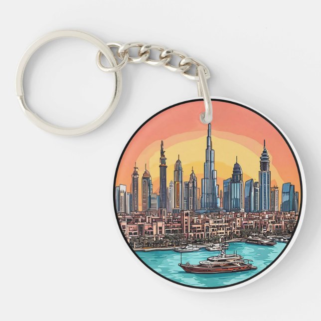 Dubai City Skyline with Towering Skyscrapers Key Ring (Front)