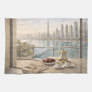 Dubai Kitchen Watercolor with Burj Khalifa Morning Tea Towel