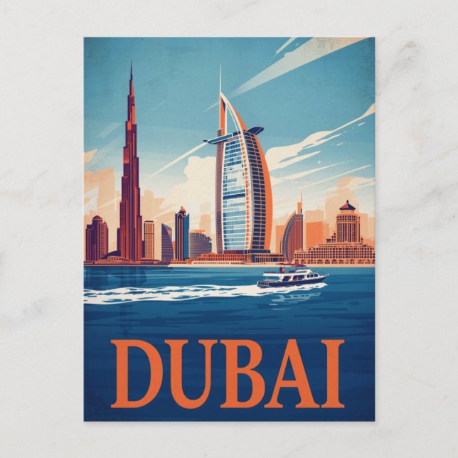Dubai Marina Skyline & Boat Retro Postcard (Front)