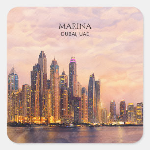 Dubai Marina Skyline Watercolor City Lights Travel Square Sticker