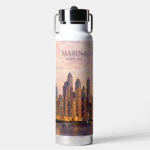 Dubai Marina Skyline Watercolor City Lights Travel Water Bottle
