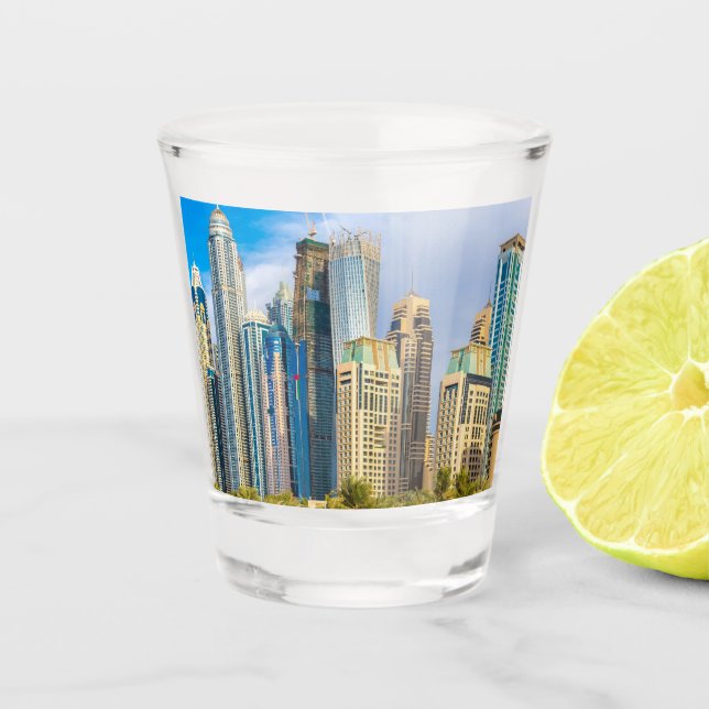 Dubai modern skyscrapers Corniche Shot Glass (Front)