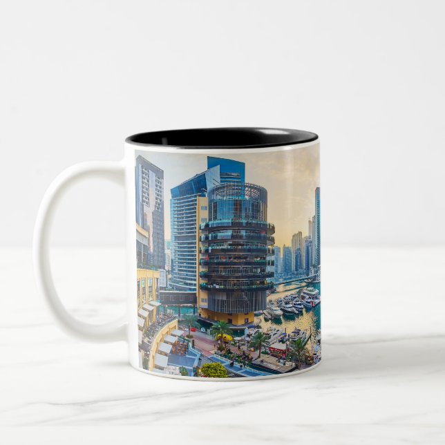 Dubai modern skyscrapers Corniche Two-Tone Coffee Mug (Left)