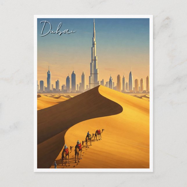Dubai Skyline Desert Camels Travel Postcard (Front)