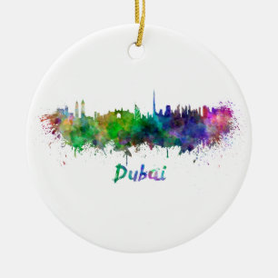 Dubai skyline in watercolor ceramic tree decoration