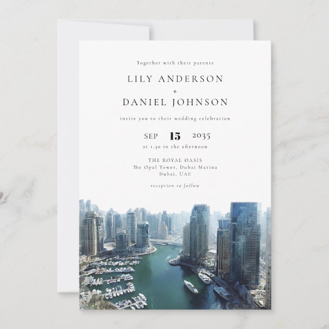 Dubai Skyline Watercolor Elegant Wedding Invitation (Front)