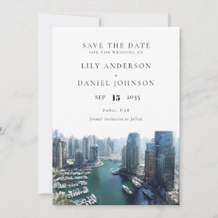 Dubai Skyline Watercolor Elegant Wedding Save The Date