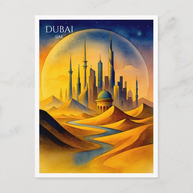 Dubai Skyline Watercolor Postcard | UAE Souvenir (Front)