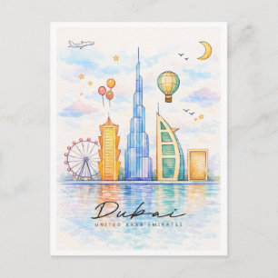 Dubai Skyline Watercolor   UAE Cityscape Art Holiday Postcard