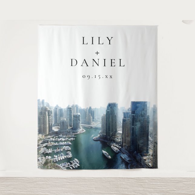 Dubai Skyline Wedding Photo Backdrop Tapestry (Front)