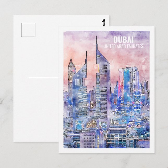 Dubai UAE Famous Travel Place Watercolor Postcard (Front/Back)