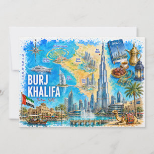 Dubai UAE Illustrated Map Burj Khalifa Postcard