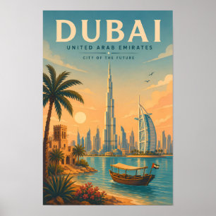 Dubai UAE Illustration Travel Art Vintage Poster