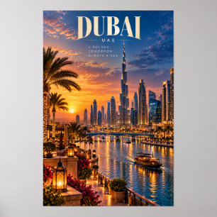 Dubai UAE Sunset Skyline Travel Poster Wall Art