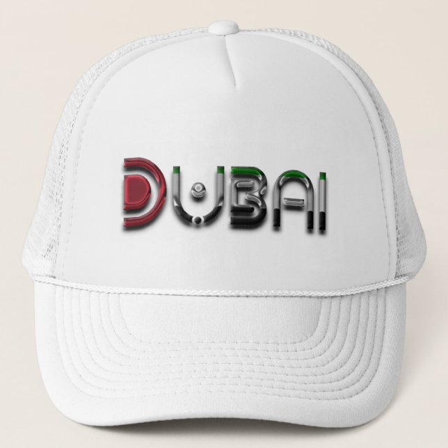 Dubai UAE Typography Elegant Text Only Trucker Hat (Front)