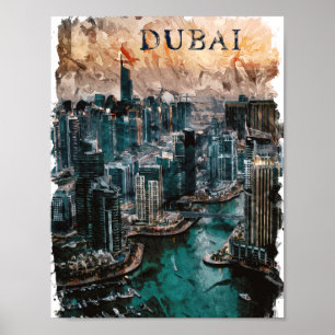 Dubai UAE Watercolor Skyline Poster