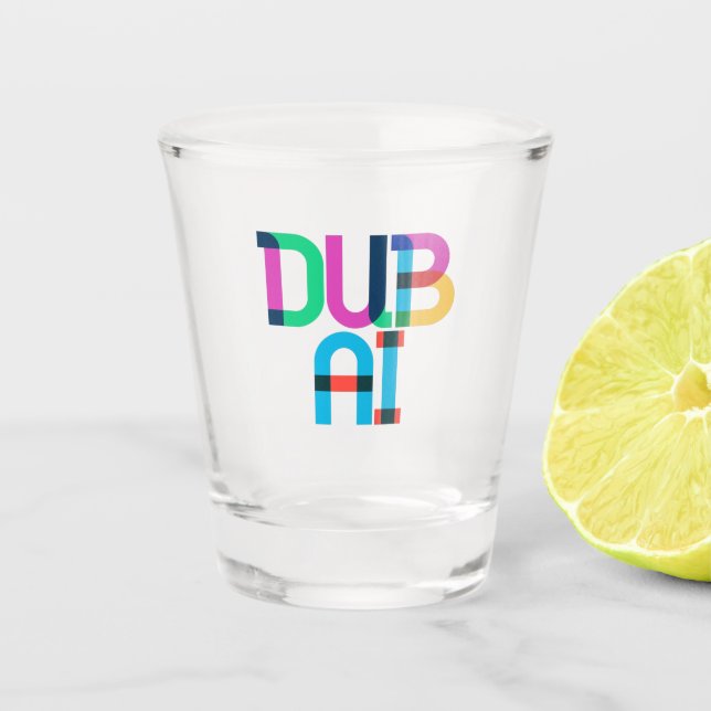 Dubai United Arab Emirates Pop Art Letters Shot Glass (Front)