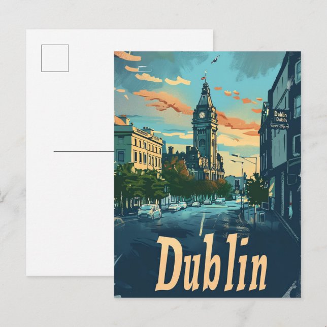 Dublin City Ireland Vintage Travel Illustration Postcard (Front/Back)