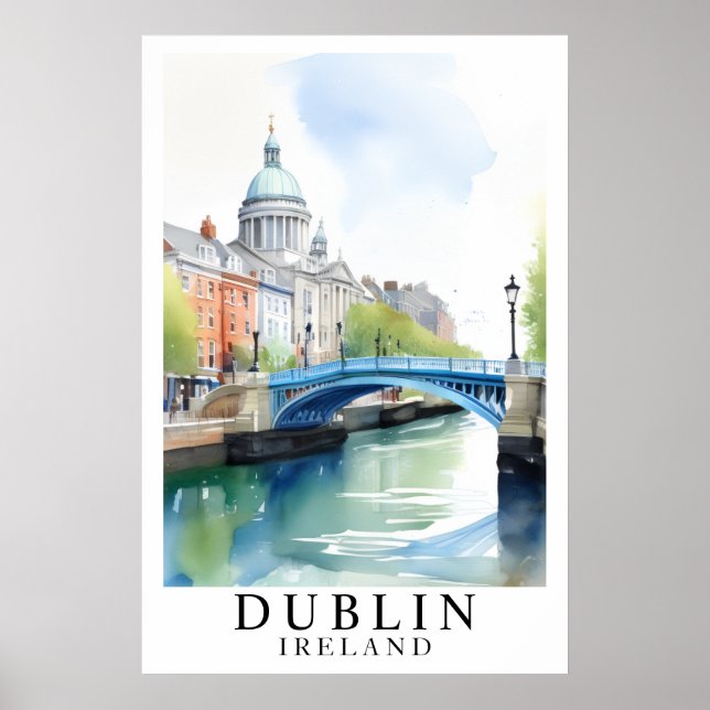 Dublin Ireland Bridge Watercolor Art Poster (Front)