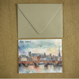Dublin Ireland City Silhouette Watercolor Painting Postcard