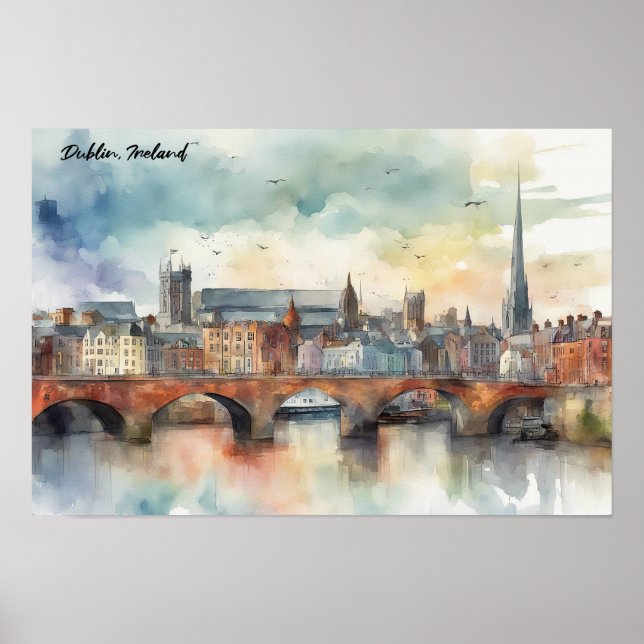 Dublin Ireland City Silhouette Watercolor Painting Poster (Front)