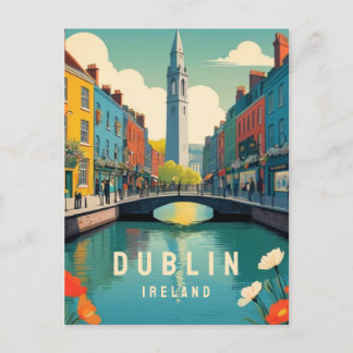 Dublin Ireland Retro Travel Art Floral Tower River Postcard