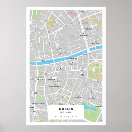 Dublin, Ireland Street Map with Coordinates Poster | Zazzle.co.uk