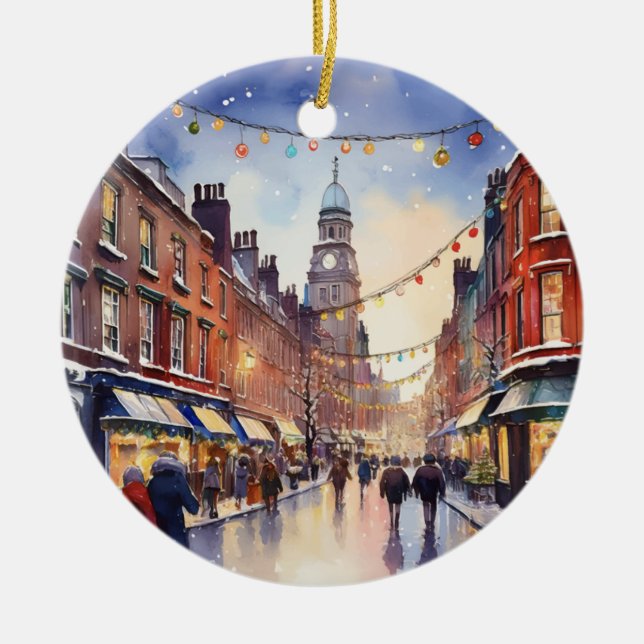 Dublin Ireland Watercolor Ceramic Tree Decoration (Front)