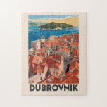 Dubrovnik Croatia Illustration Travel Art Vintage Jigsaw Puzzle<br><div class="desc">Dubrovnik retro vector travel design. It's known for its distinctive Old Town,  encircled with massive stone walls completed in the 16th century.</div>