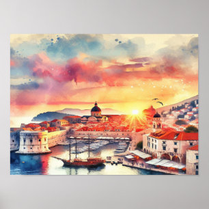 Dubrovnik Croatia Sunrise watercolor Poster