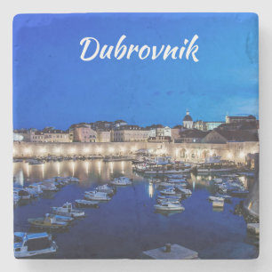 Dubrovnik harbor and walls illuminated at night stone coaster