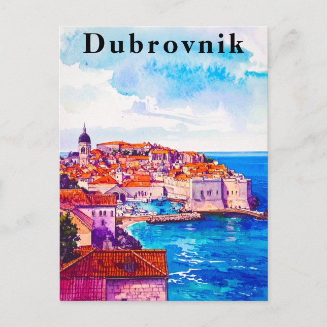 Dubrovnik Retro Watercolor Old Town Travel Postcard (Front)