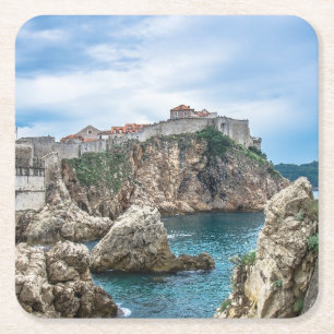 Dubrovnik walls view from sea square paper coaster