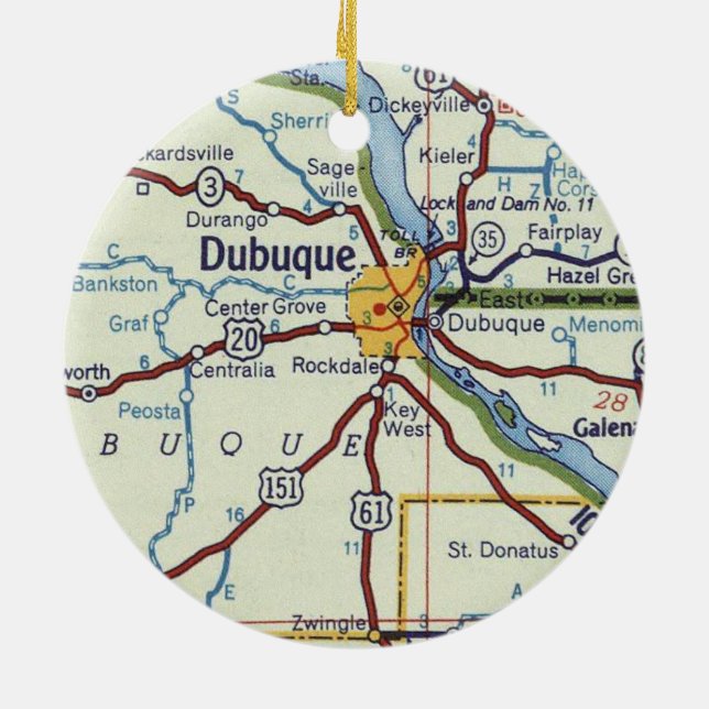 Dubuque IA Map Ceramic Tree Decoration (Back)