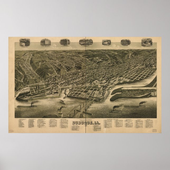 Dubuque Iowa 1889 Antique Panoramic Map Poster (Front)
