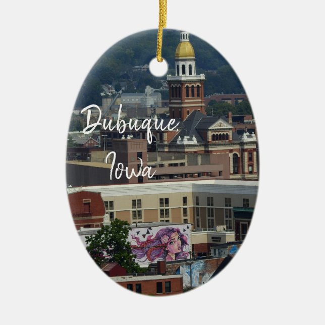 Dubuque, Iowa City View Graffiti Murals Ceramic Tree Decoration (Front)