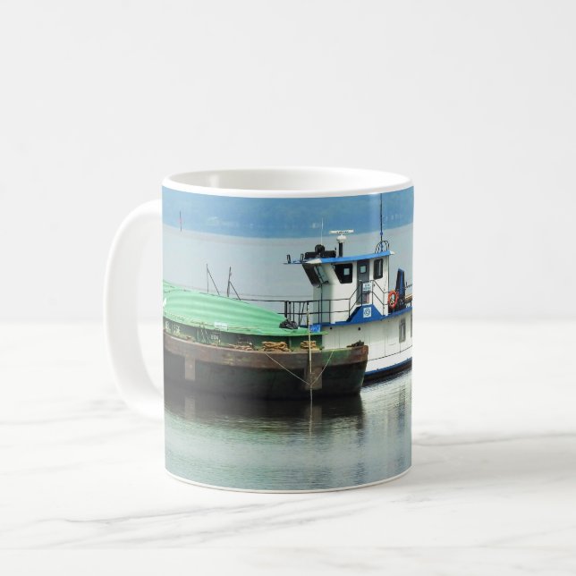 Dubuque, Iowa Pusher Boat on the Mississippi River Coffee Mug (Front Left)