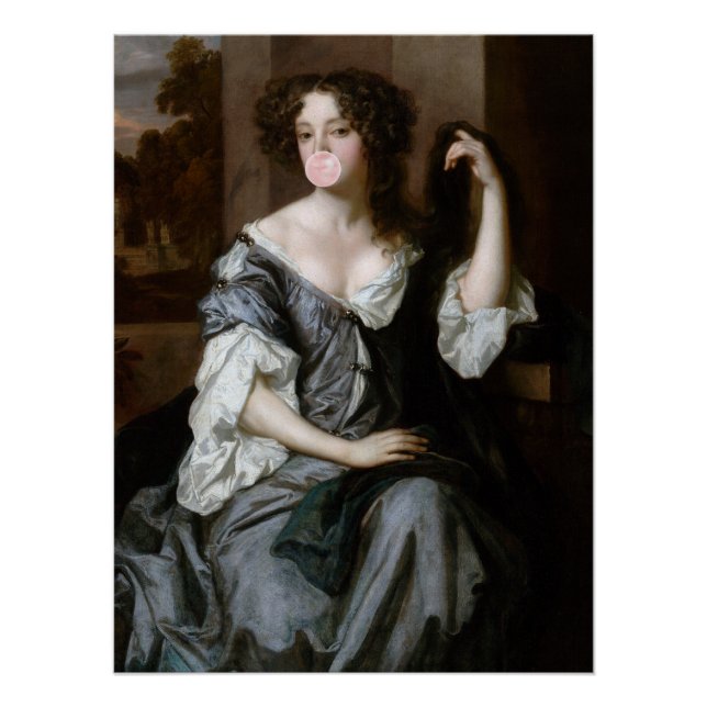 Duchess of Portsmouth blowing a pink bubble gum Poster (Front)