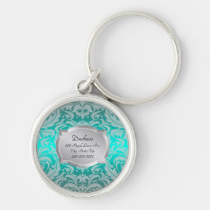 Duchess Teal Damask Silver Plaque Pet Tag Key Ring