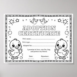 Duck adopt a pet colouring certificate poster