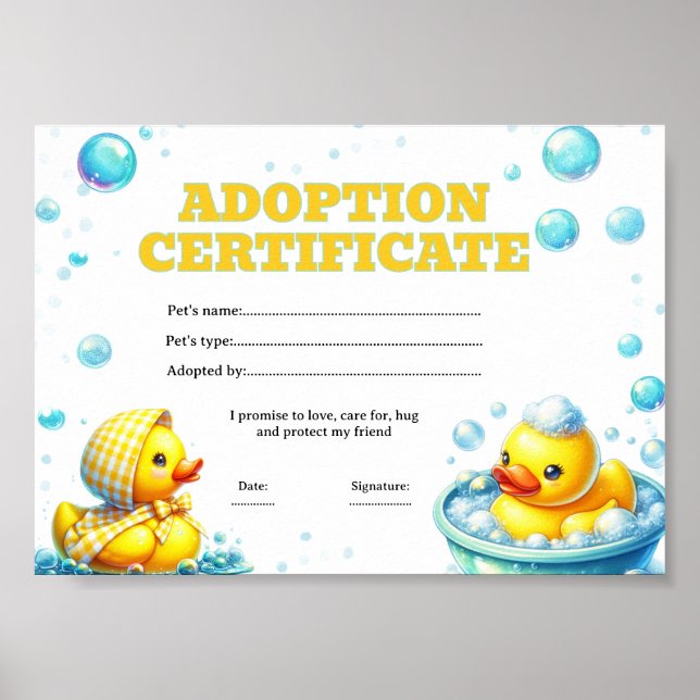 Duck adoption certificate editable  poster (Front)