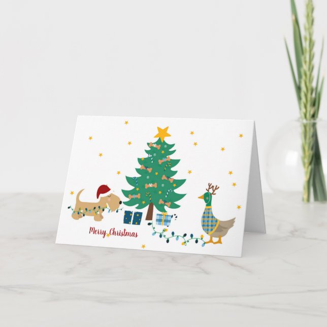 Duck and dog with Christmas tree Card (Front)