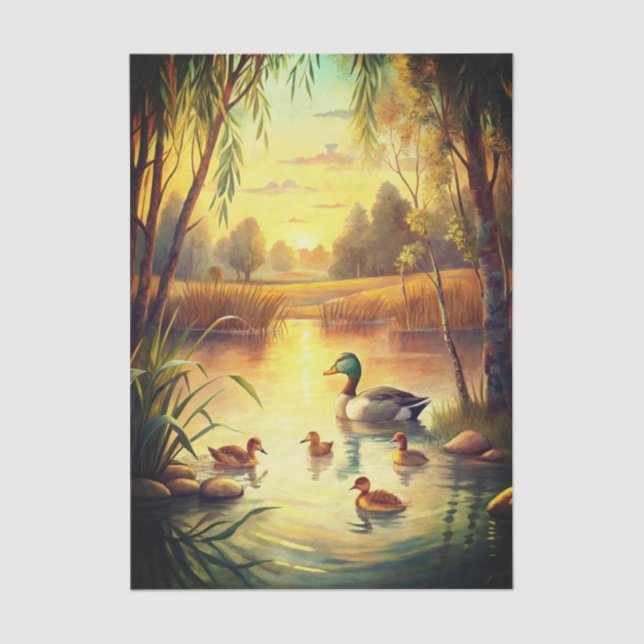 Duck and Ducklings in a Pond at Sunrise Tissue Paper (Front)