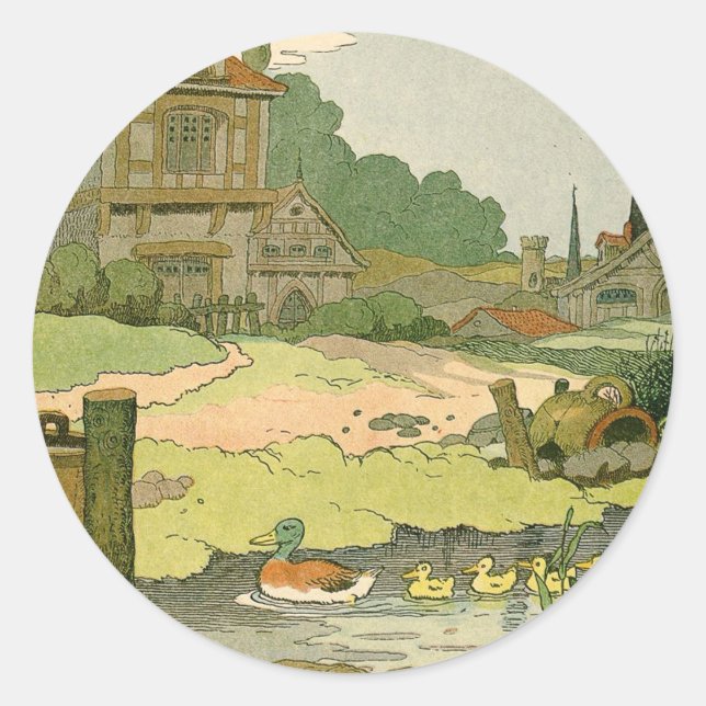 Duck and Ducklings Swimming on the River Stickers (Front)