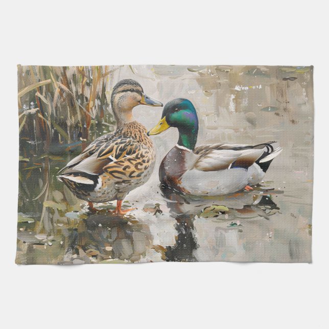 Duck and Mallard Wildlife Painting Tea Towel (Horizontal)