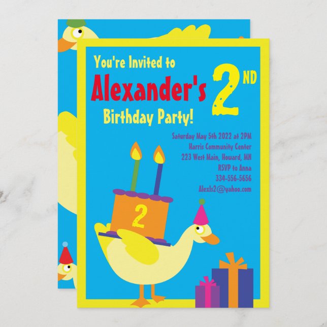 Duck Animal Kid's Birthday Party Invitations (Front/Back)