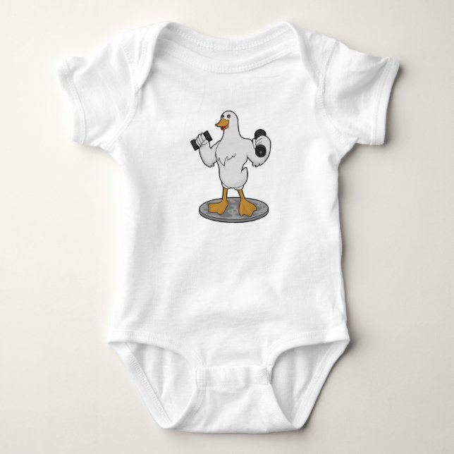 Duck as Bodybuilder with Dumbbells Baby Bodysuit (Front)