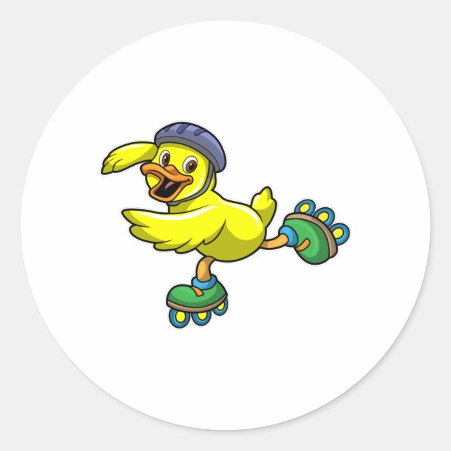 Duck as Skater with Skates & Helmet Classic Round Sticker (Front)